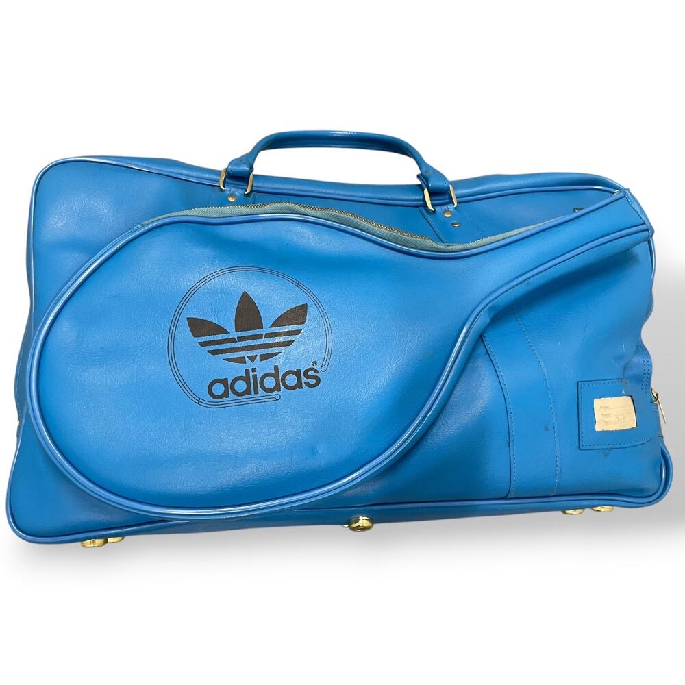 Rare Vintage 1970s Adidas Electric Blue Leather Tennis Bag Trefoil Era Duffel